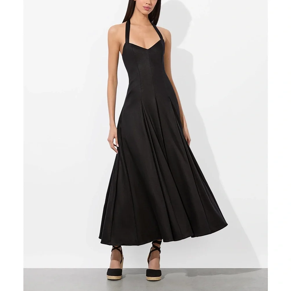 Alice + Olivia Isabelle Black Structured Pleated Flared Midi Dress